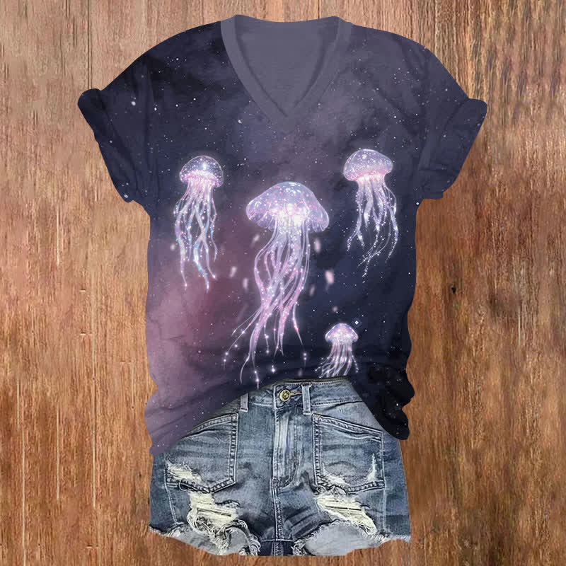 Japanese Fantasy Glowing Fantasy Jellyfish Art Print V-neck T-shirt - Black - US32-34(5XL) - image 1