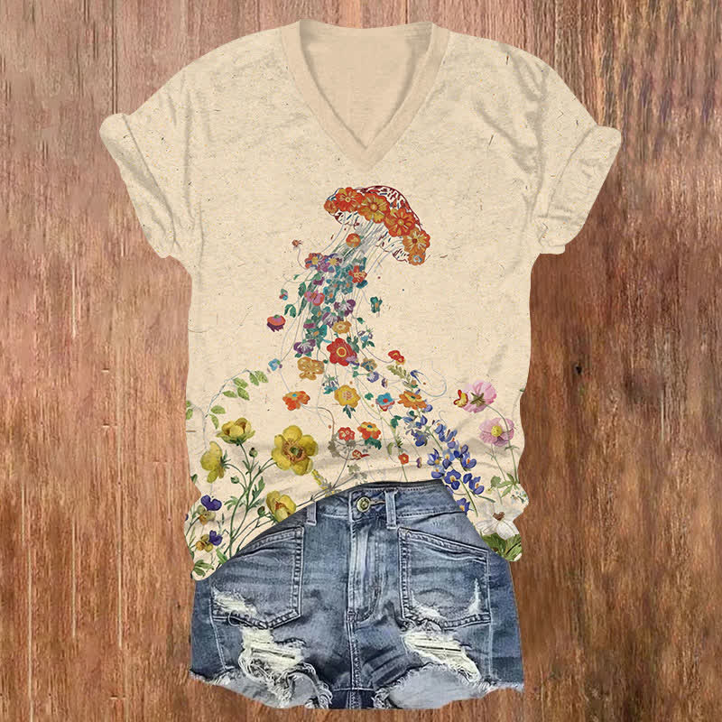 Japanese Fantasy Daisy Jellyfish Art Print V-neck T-shirt - Apricot - US32-34(5XL) - image 1