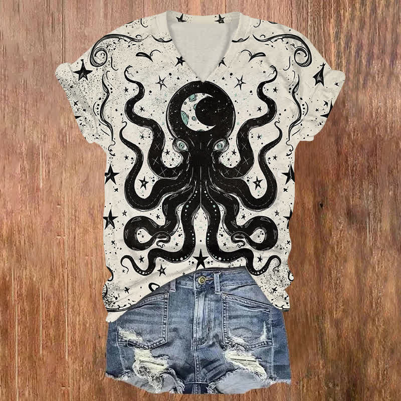 Star Moon Tarot Octopus Print V-neck T-shirt - Black - US32-34(5XL) - image 1