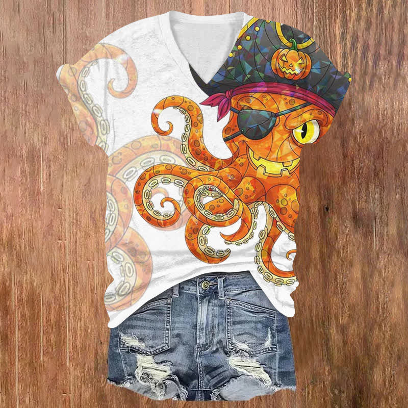 Creative Pumpkin Octopus Halloween Print V-neck T-shirt - Orange - US32-34(5XL) - image 1