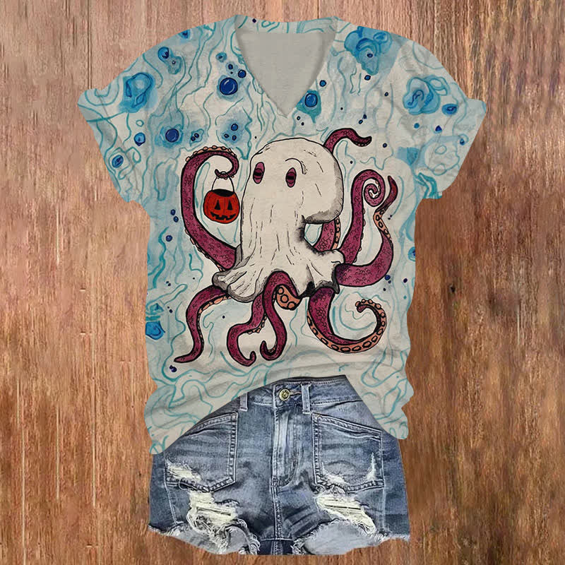 Cute Pumpkin Lantern Octopus Halloween Print V-neck T-shirt - Blue - US32-34(5XL) - image 1