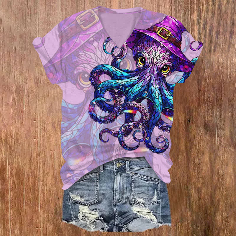 Creative Wizard Hat Glass Octopus Halloween Print V-neck T-shirt - Purple - US32-34(5XL) - image 1