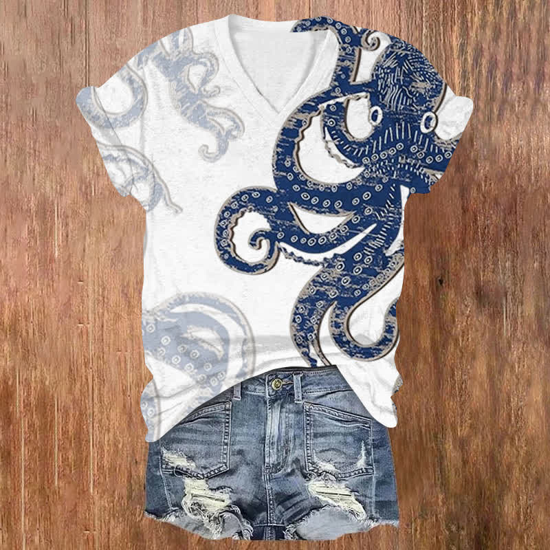 Retro Distressed Octopus Print V-neck T-shirt - White - US32-34(5XL) - image 1