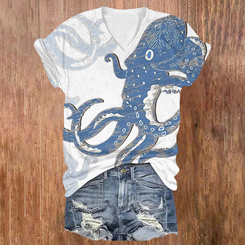 Retro Distressed Octopus Print V-neck T-shirt - Blue - US32-34(5XL) - image 1