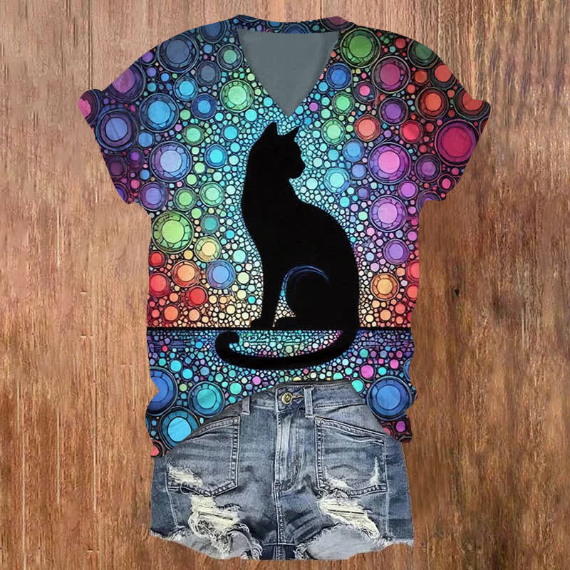Retro Colorful Glass Black Cat Print V-neck T-shirt - Multicolor - US32-34(5XL) - image 1