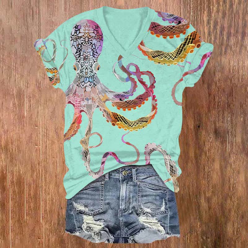 Creative Mottled Colorful Octopus Art Print V-neck T-shirt - Green - US32-34(5XL) - image 1