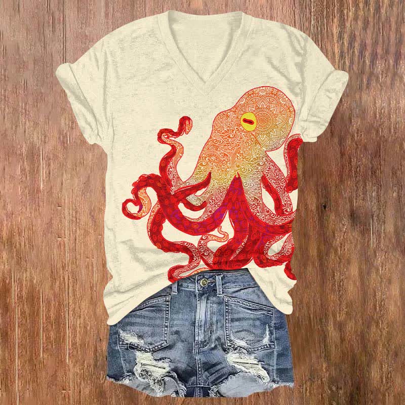 Creative Leisurely Blue-ringed Octopus Art Print V-neck T-shirt - Yellow - US32-34(5XL) - image 1