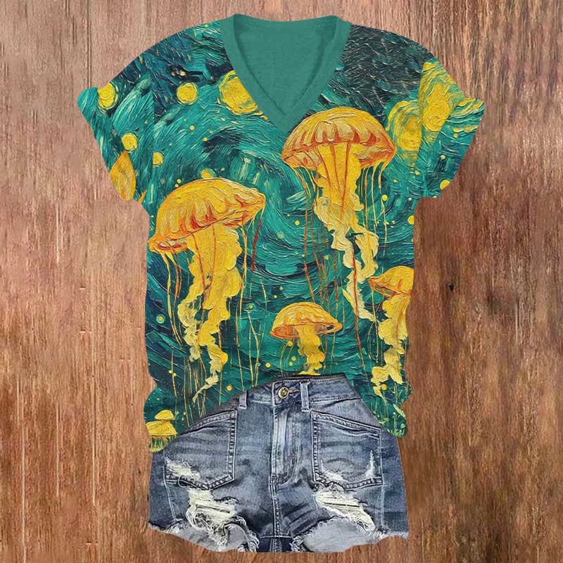 Vintage Oil Painting Jellyfish Art Print V-neck T-shirt - Green - US32-34(5XL) - image 2