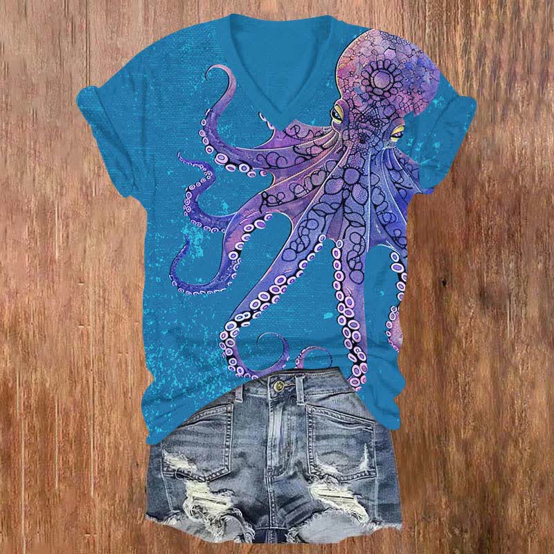 Vintage Dangerous Blue-ringed Octopus Print V-neck T-shirt - Blue - US32-34(5XL) - image 1