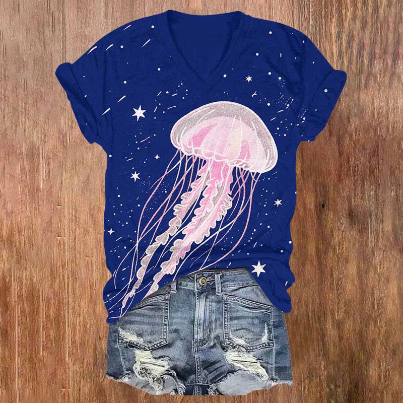 Creative Starry Fantasy Jellyfish Art Print V-neck T-shirt - Blue - US32-34(5XL) - image 1