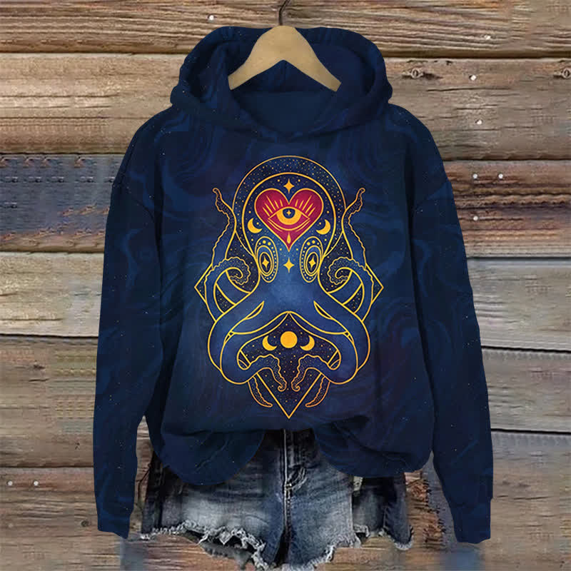 Vintage Star Moon Tarot Octopus Print Long Sleeve Hoodie - Dark Blue - US44-46(8XL) - image 1