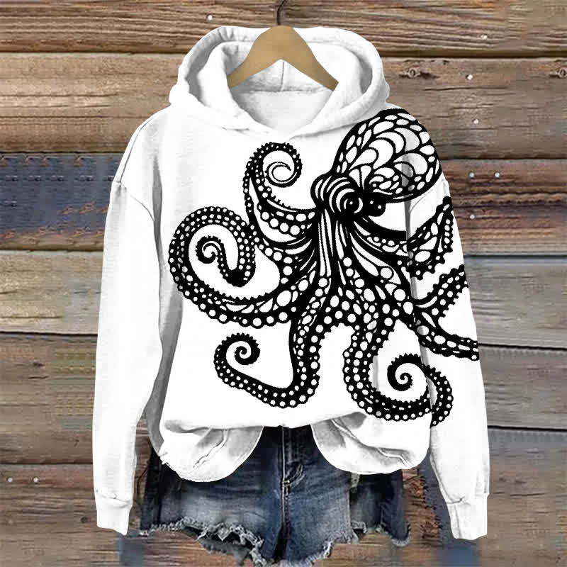 Creative Hollow Octopus Print Long Sleeve Hoodie - White - US44-46(8XL) - image 1