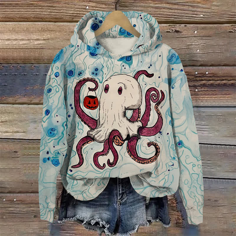 Cute Pumpkin Lantern Octopus Halloween Print Long Sleeve Hoodie - Blue - US44-46(8XL) - image 1