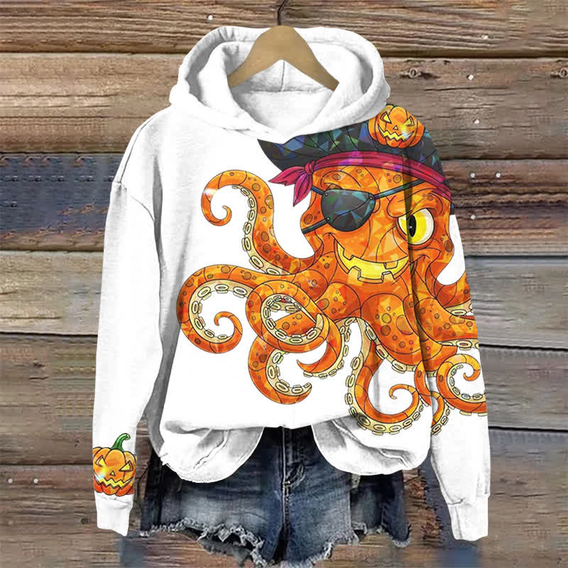 Creative Pumpkin Octopus Halloween Print Long Sleeve Hoodie - White - US44-46(8XL) - image 1