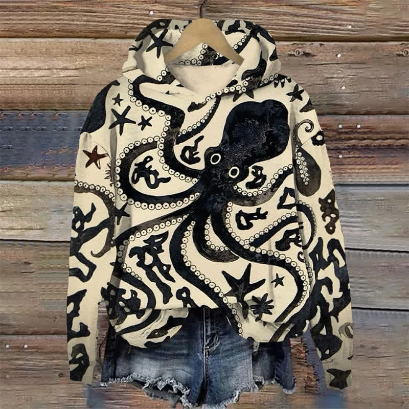 Star And Moon Creative Octopus Print Long Sleeve Hoodie - Black - US44-46(8XL) - image 1