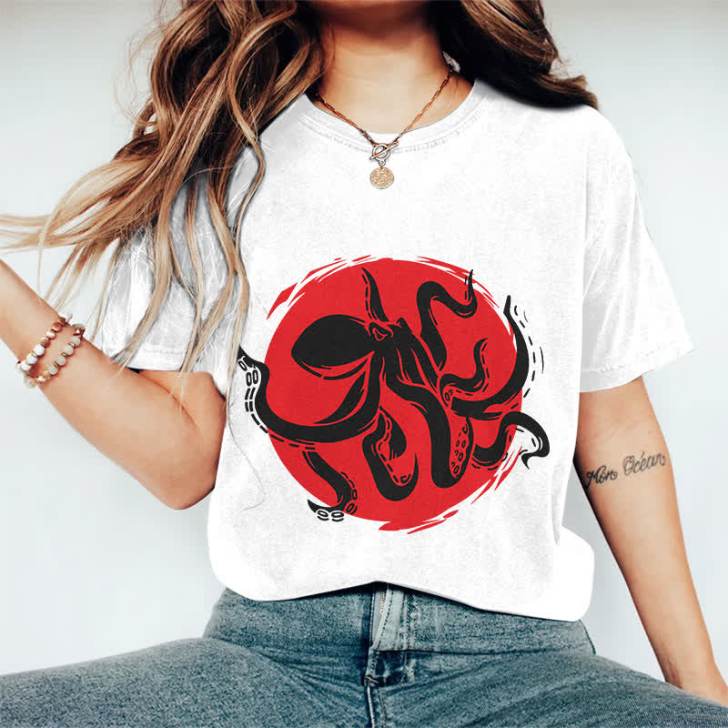 100% Cotton Japanese Abstract Octopus Art T-shirt - White - 2XL - image 5