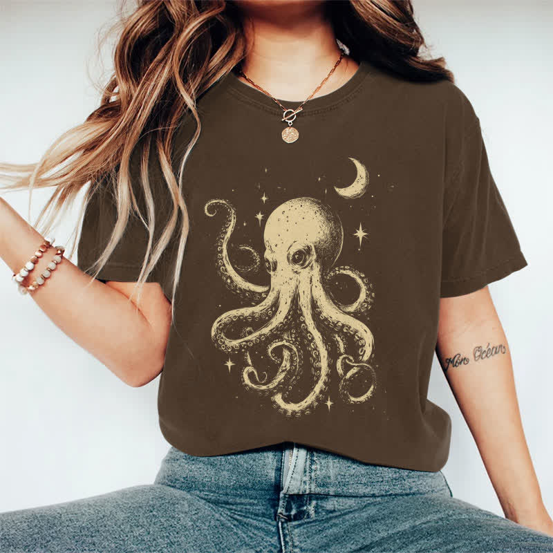 100% Cotton Japanese Watercolor Star & Moon Octopus Art T-shirt - Coffee - 2XL - image 1