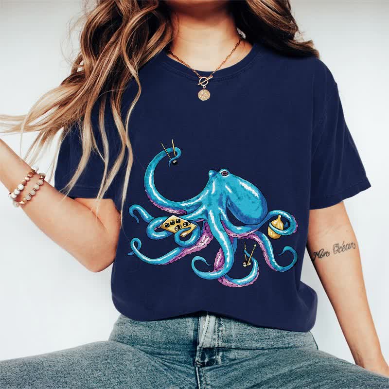 100% Cotton Japanese Creative Octopus Holding Sushi Art T-shirt - Dark Blue - 2XL - image 1