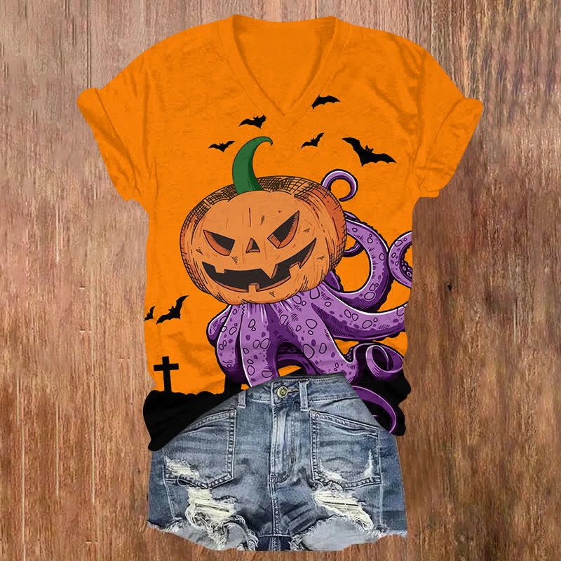 Halloween Creative Pumpkin Octopus Art Print V-neck T-shirt - Orange - US32-34(5XL) - image 1