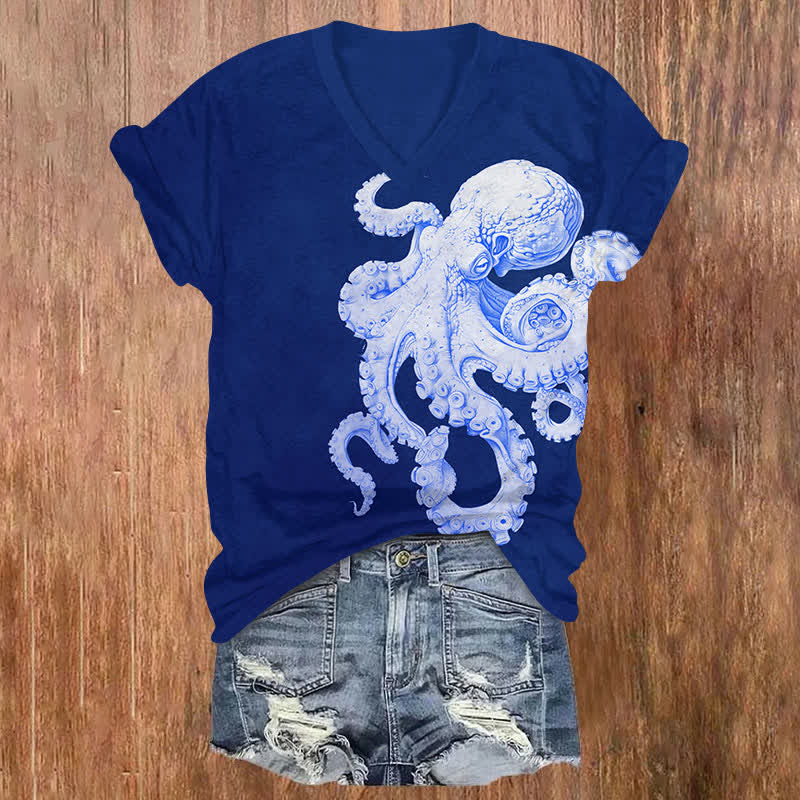 Creative Vivid Octopus Statue Art Print V-neck T-shirt - Navy Blue - US32-34(5XL) - image 1