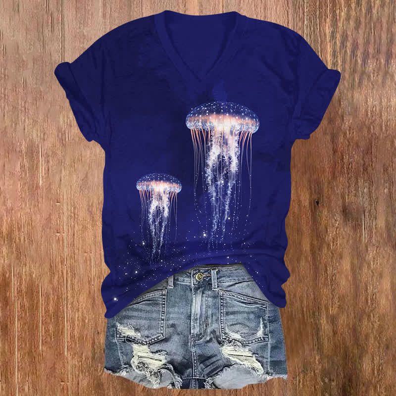 Creative Vivid Glowing Transparent Jellyfish Art Print V-neck T-shirt - Royal Blue - US32-34(5XL) - image 1