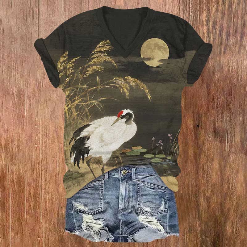 Japanese Vintage Crane And Pond Art Print V-neck T-shirt - Black - US32-34(5XL) - image 1