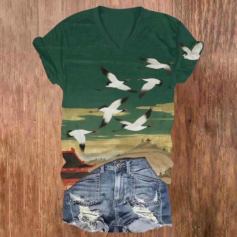 Japanese Art Flying Cranes Print V-neck T-shirt - Green - US32-34(5XL) - image 2