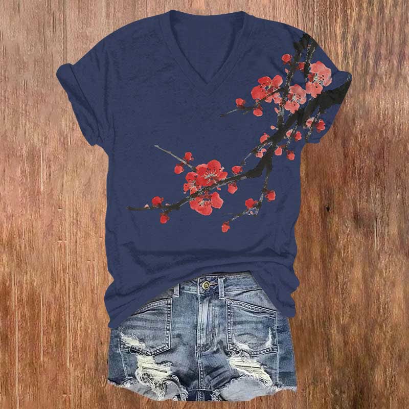 Japanese Art Flower Branches Print V-neck T-shirt - Blue - US32-34(5XL) - image 2