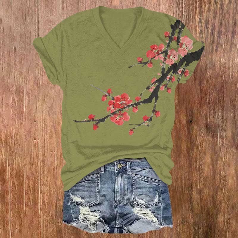 Japanese Art Flower Branches Print V-neck T-shirt - Green - US32-34(5XL) - image 1