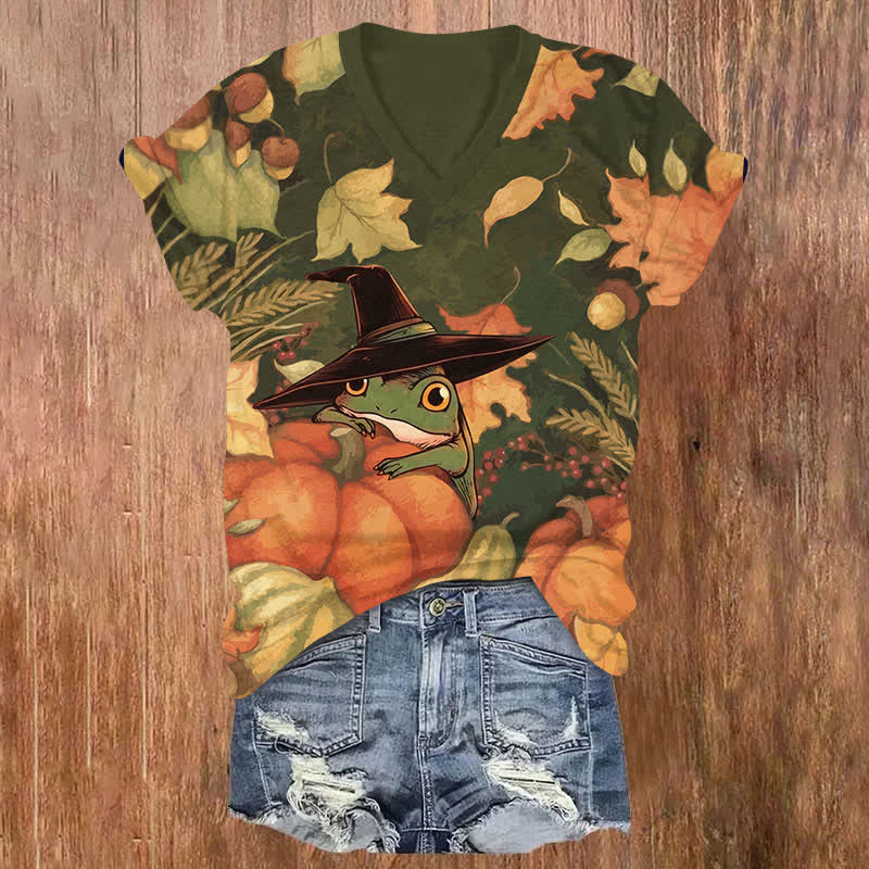  Halloween Wizard Frog Pumpkin & Maple Leaf Art Print V-neck T-shirt - Olive Green - US32-34(5XL) - image 1