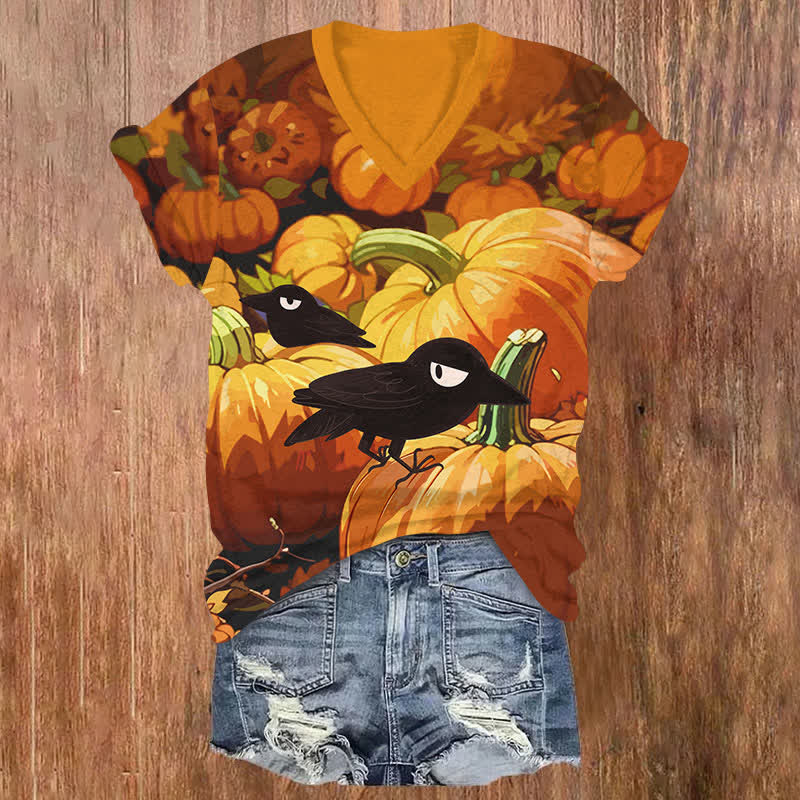 Halloween Oil Painting Pumpkin & Raven Art Print V-neck T-shirt - Orange - US32-34(5XL) - image 1