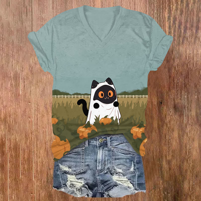 Halloween Ghost Cat & Pumpkin Art Print V-neck T-shirt - Blue - US32-34(5XL) - image 1