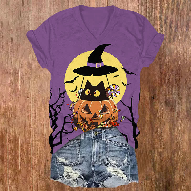 Halloween Cat In Pumpkin Hot Air Balloon Print V-neck T-shirt - Purple - US32-34(5XL) - image 1