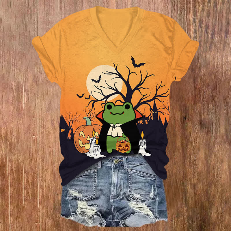 Halloween Sunset Wizard Frog Art Print V-neck T-shirt - Orange - US32-34(5XL) - image 1