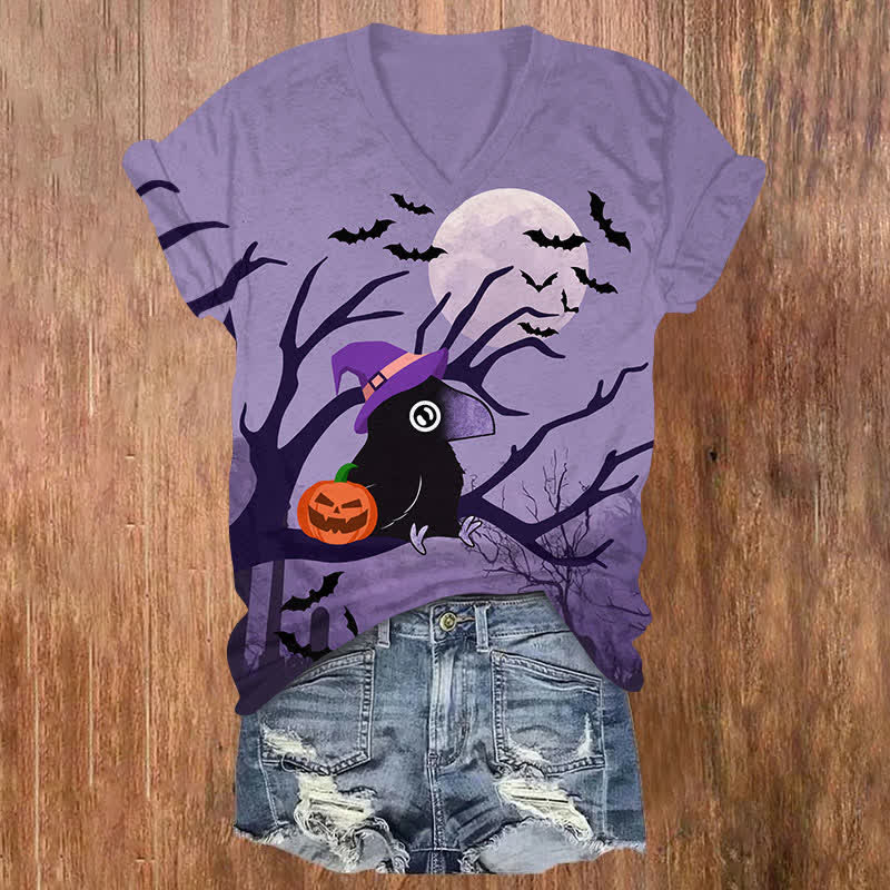  Halloween Lovely Wizard Raven Art Print V-neck T-shirt - Purple - US32-34(5XL) - image 1
