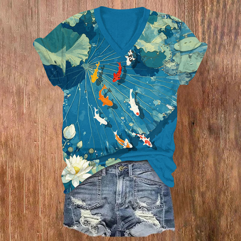 Japanese Style Lotus Leaf Koi Print V-neck T-shirt - Green - US32-34(5XL) - image 1