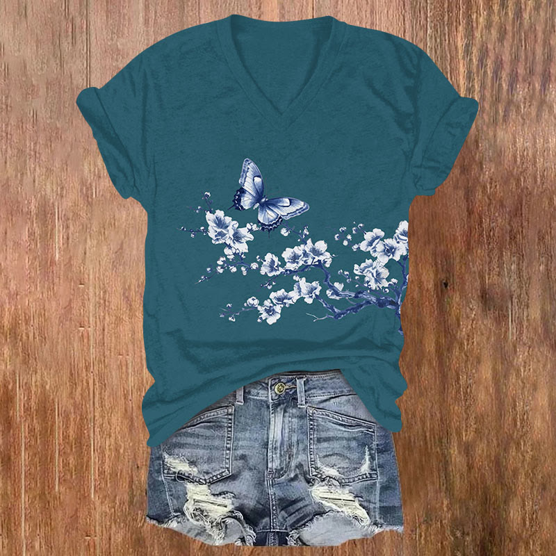 Japanese Blue And White Porcelain Butterfly Print V-neck T-shirt - Green - US32-34(5XL) - image 1