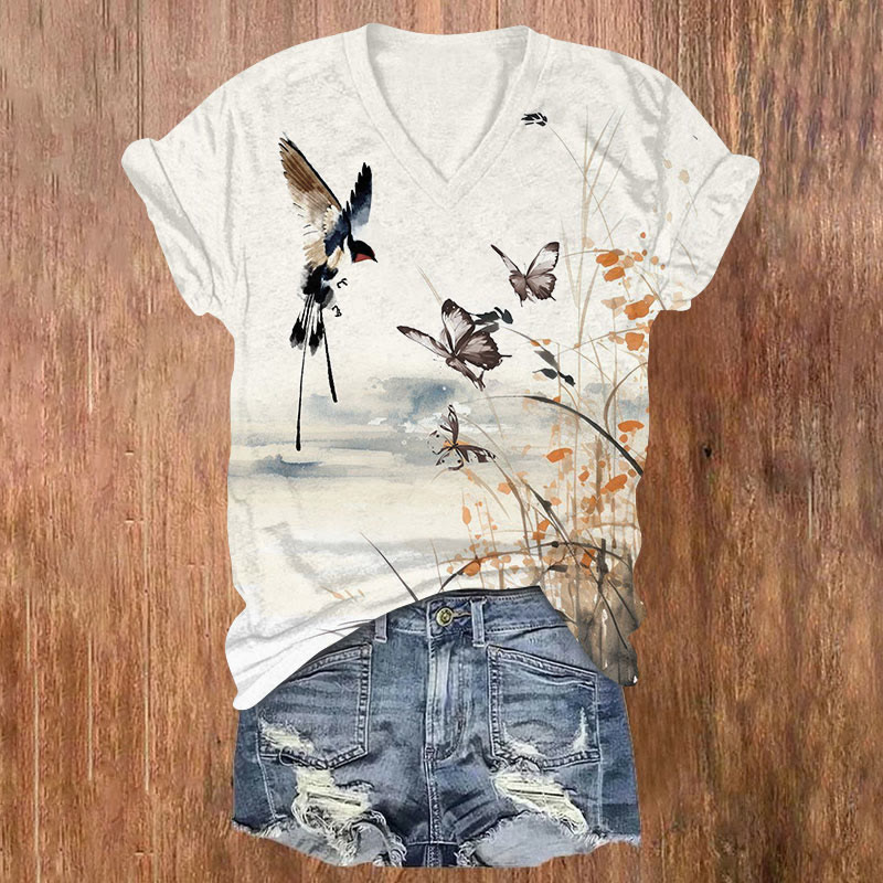 Japanese Style Ink Painting Of Reeds, Flying Birds And Butterflies Print V-neck T-shirt - Apricot - US32-34(5XL) - image 1