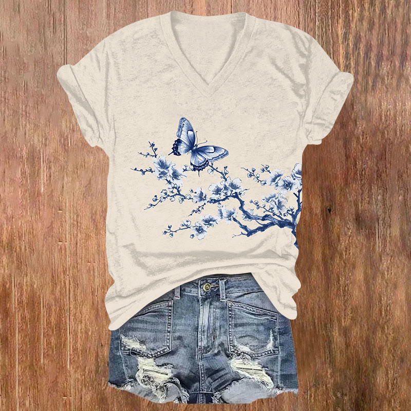 Japanese Blue And White Porcelain Butterfly Print V-neck T-shirt - Apricot - US32-34(5XL) - image 4