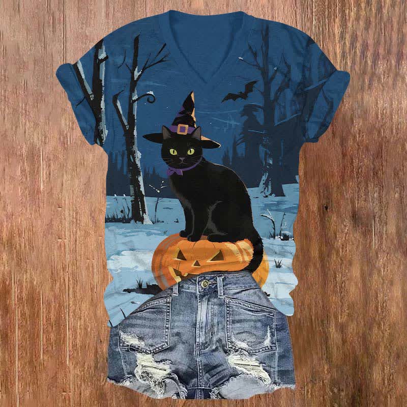 Halloween Wizard Black Cat Standing On Pumpkin Art Print V-neck T-shirt - Blue - US32-34(5XL) - image 1