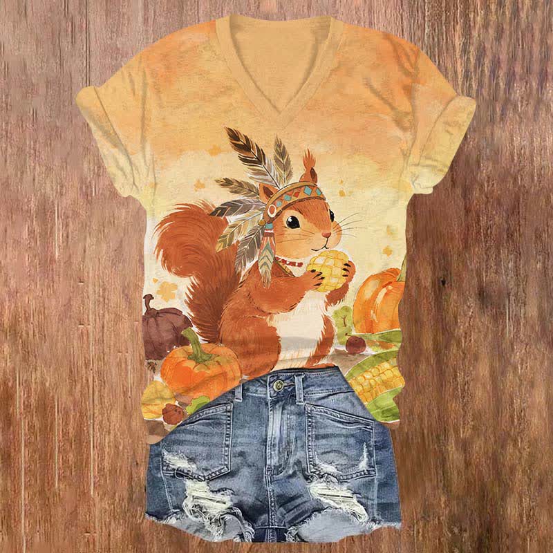 Halloween Lovely Squirrel Eating Pine Cone Print V-neck T-shirt - Orange - US32-34(5XL) - image 1