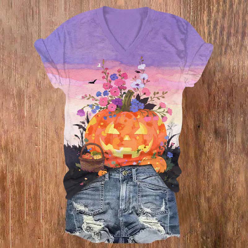 Halloween Oil  Painting Flower Pumpkin Art Print V-neck T-shirt - Purple - US32-34(5XL) - image 1