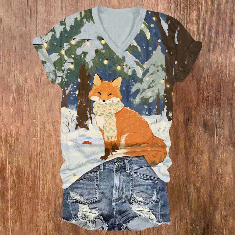 Winter Christmas Tree Scarf Fox Art Print V-neck T-shirt - Multicolor - US32-34(5XL) - image 1