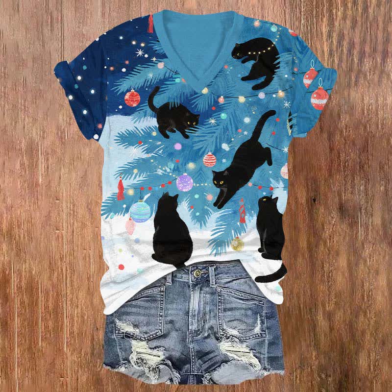 Black Cats Playing Around Christmas Tree Colorful Lights Print V-neck T-shirt - Blue - US32-34(5XL) - image 1