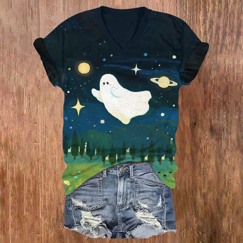 Halloween Oil Painting Ghost Chasing Stars Print V-neck T-shirt - Black - US32-34(5XL) - image 1