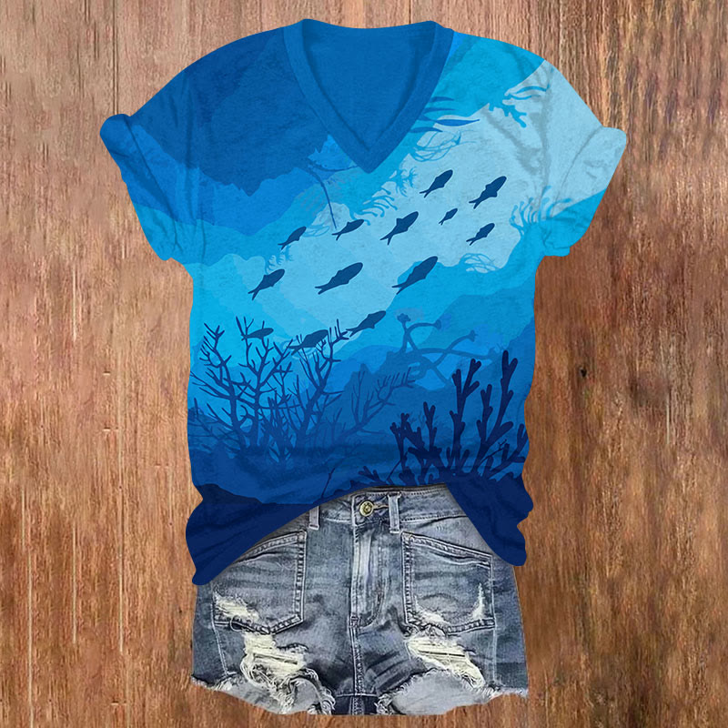 Undersea Tunnel Coral Fish Print V-neck T-shirt - Blue - US32-34(5XL) - image 1