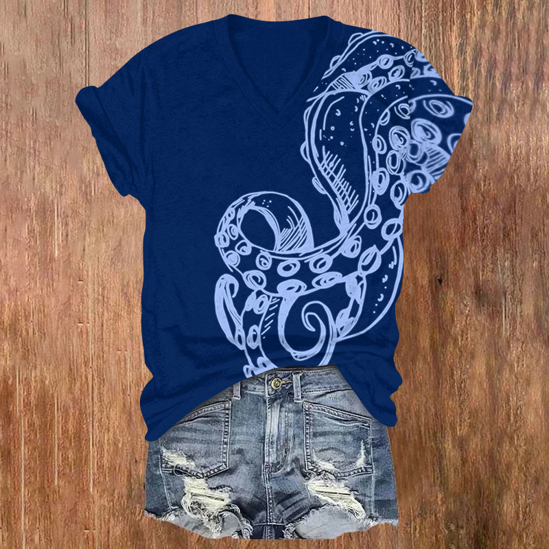 Fluorescent Line Octopus Tentacles Print V-neck T-shirt - Blue - US32-34(5XL) - image 1