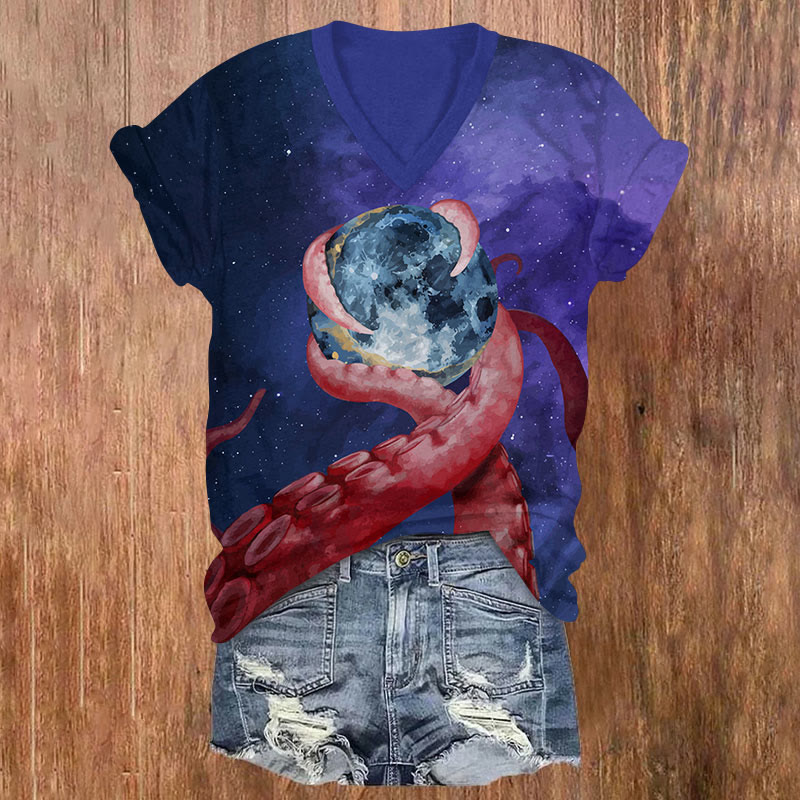 Starry Sky Octopus Tentacles Entangled Planet Print V-neck T-shirt - Purple - US32-34(5XL) - image 1