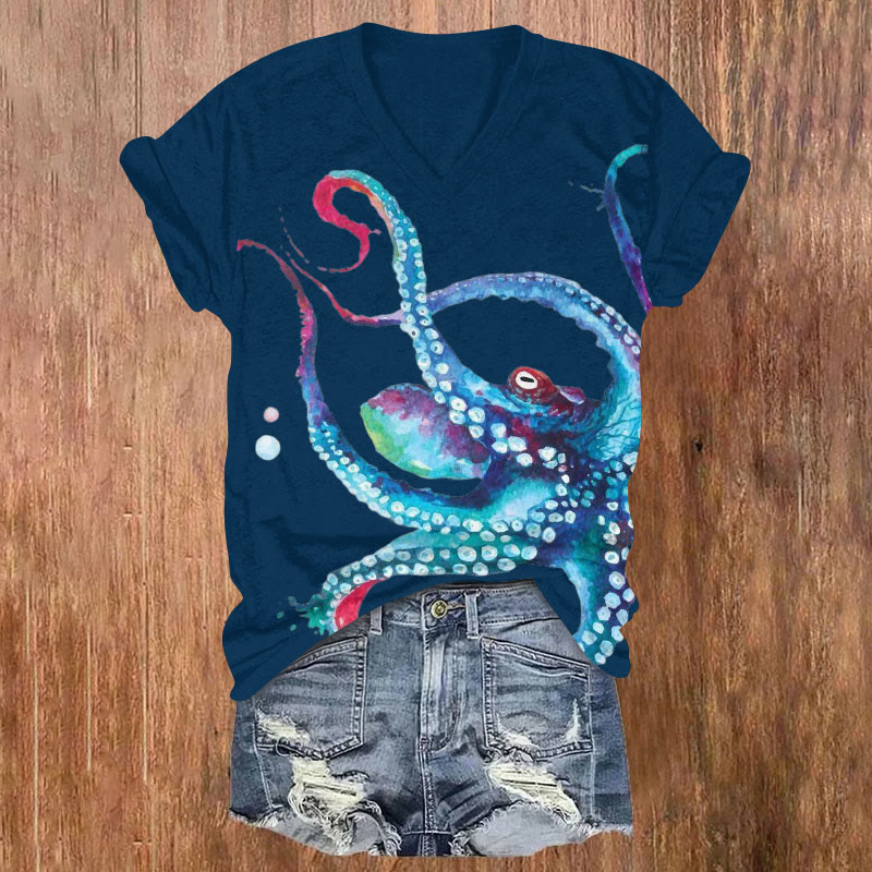 Colorful Octopus Art Print V-neck T-shirt - Blue - US32-34(5XL) - image 1