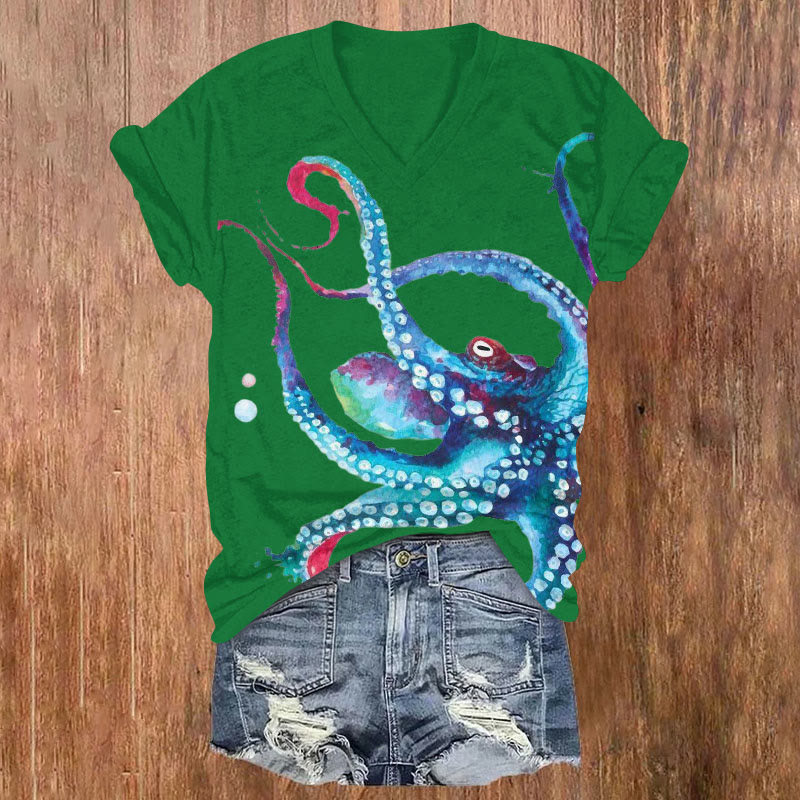 Colorful Octopus Art Print V-neck T-shirt - Green - US32-34(5XL) - image 2